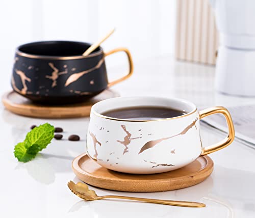 Jusalpha 2 Pack Golden Hand Print Black and White Teacup Coffee Cup with Bamboo Saucer and Spoon Set FDTCS19 (2, Black/White) by Jusalpha - Used condition - Image 2
