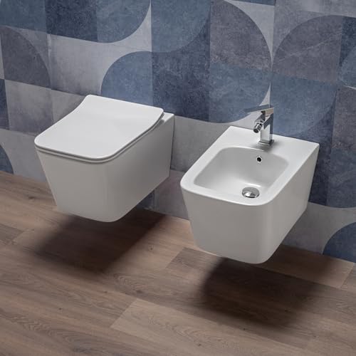 Coppia Sanitari bagno filo muro in Ceramica Bianco Lucido - WC Rimless e Bidet Sospesi con Sedile Soft Close, Sgancio Rapido Easy Clean, Installazione a Parete e Design Moderno - Mod.WhiteWall 3