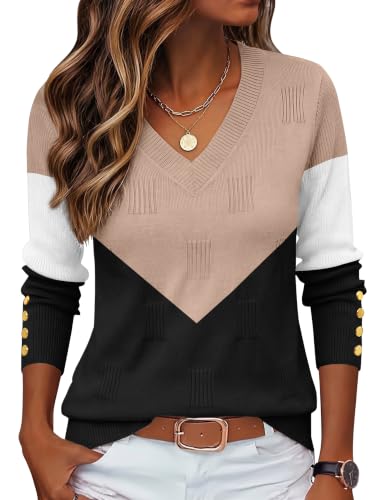 Image of Zeagoo Women's Sweaters V Neck Jumpers Decorative Buttons Khaki Black XXL