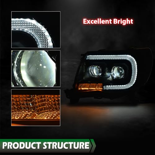 Image of GRAND ORANGE LED Tube Projector Headlights Assembly Headlamps W /o Bulbs Compatible with Toyota Tacoma 2005-2011 Smoke Lens Black Housing Clear Reflector Driver & Passenger Side