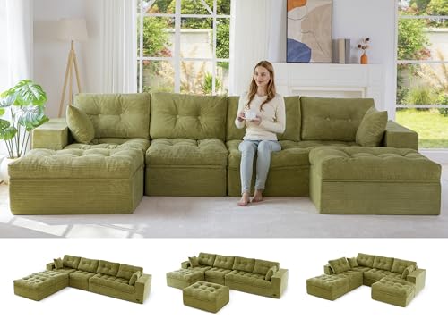 Image of MAXYOYO 132 inch U Shaped Modular Sectional Sofa with 2 Ottomans, Cloud Boneless Couch with Layered Cushion, Flexible Module Combination Sofa for Living Room, No Assembly Required, Green