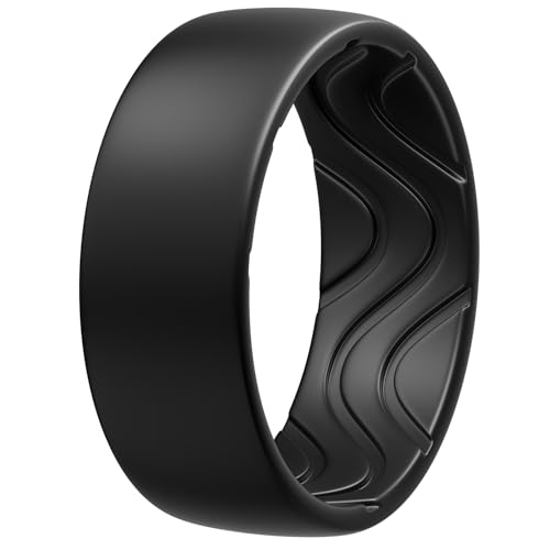 Egnaro Men's Silicone Rings 8mm Wide 2.5mm Thick, Black Elastic Rubber Weeding Bands Breathable Grooves For Gym Workout