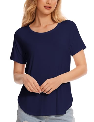 GYS Womens Pajama Tops Short Sleeve Shirts Summer Comfy Crew Neck Sleep T-Shirt, Navy, X-Large