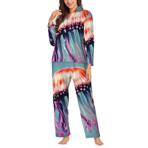 Pyjama 2 pièces femme noir Jellyfish avec chemise boutonnée et pantalon taille S à XXL