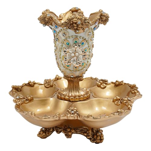 2 Tier European Fruit Plate Gold Flower Shape Snack Stand with 3-D Pattern, Floral Fruit Tray Resin Dried Fruits Organizer Plate for Fruits Candy Nuts, Party Wedding Home Decor Tray (5 Compartment)