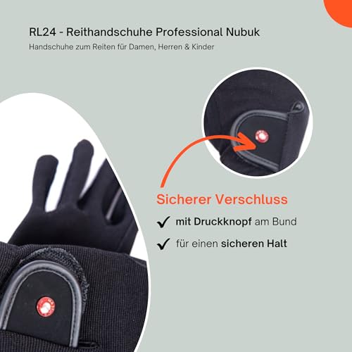 Foto von RL24 - Reithandschuhe Damen & Herren Professional Nubuk | Handschuhe zum Reiten | Reiterhandschuhe mit Magic-Lederimitat | robust, rutschfest & atmungsaktiv | Reitzubehör in Schwarz | M