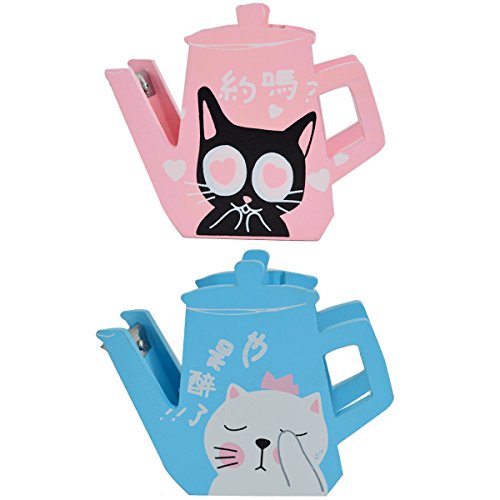Clara Cute Teapot Shape Wooden Tape Dispenser Kawaii Cat Printing Desktop Tape Cutter(Color Random)