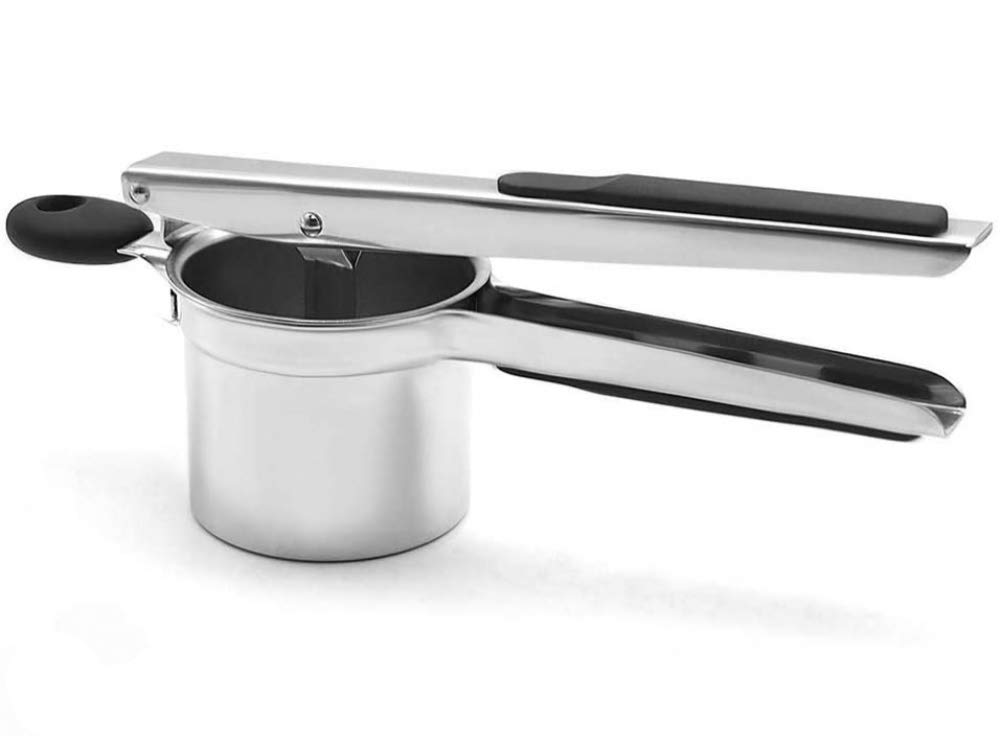 Edelstahl Potato Ricer Professioneller Kartoffelstampfer, Hochleistungs-Obstpresse für Babynahrung, Gemüse, Püree - Rutschfeste Silikongriffe, 3 austauschbare Siebe für Fein, Mittel, Grob, Silber