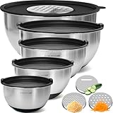 Priority Chef Stainless Steel Mixing Bowls with Lids Set, 3 Grater Attachments, Airtight Lids, Non-Slip Silicone Base Mixing Bowl Set, Large Prep Metal Mixing Bowls for Kitchen, Black