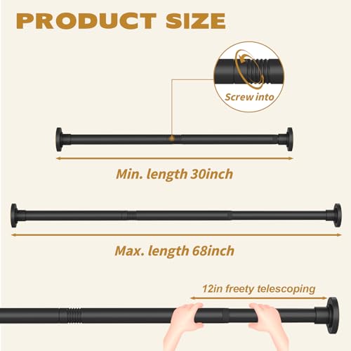 Image of Thestoa Shower Curtain Rod Adjustable 30-68 inch with Holder, Anti-Rust Shower Rod & Spring Tension Shower Rod No Drill, Black Shower Curtain Rod for Bathroom Tension Rod