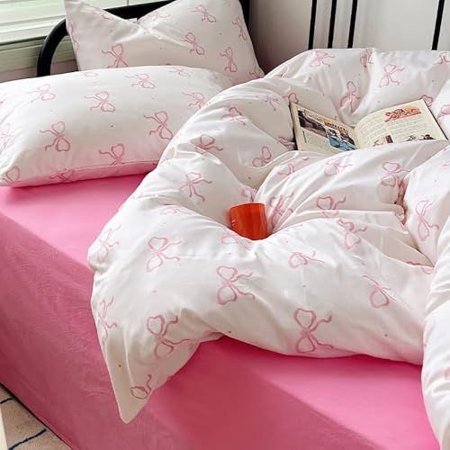 Image of Nayoroom Pink Bow Duvet Cover Twin Size Polka Dot Bowknot Coquette Duvet Cover 2 Pieces Soft Lightweight Microfiber Girls Cute Aesthetic Dorm Bedding Set