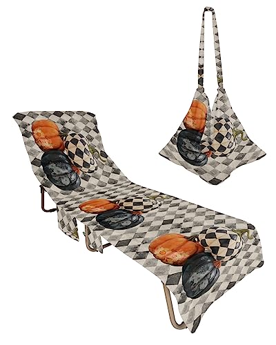 Pumpkins Floral Beach Chair Towel Covers for Chaise Lounge with Side Pocket, Soft Plush Pool Towels Cover for Patio Sunbathing Outdoor 29''x85'' Shabby Chic Fall Thanksgiving Plaid Black Orange