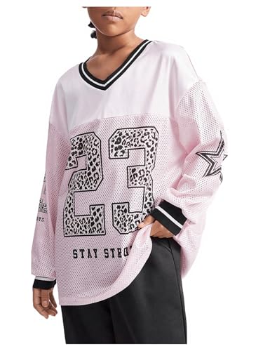 SweatyRocks Girl's Number Graphic Letter Print T Shirt Long Sleeve V Neck Casual Mesh Tees Top