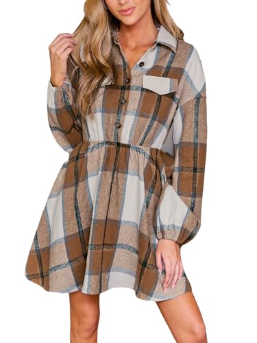 CUPSHE Damen Minikleid Kariert Langarm Kleid Hohe Taille Knopfleiste Lockerer Sitz Fließendes Lässiges A-Linien Kleid Freizeitkleid Braun Kariert L