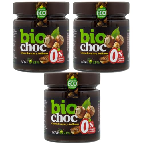 Biochoc - Avellana 0% azúcar – Crema de cacao con Aceite de Oliva Virgen Extra Ecológico - 100% Ecológica - Sin gluten, Sin leche, Sin huevo 200 g. (Pack 3)