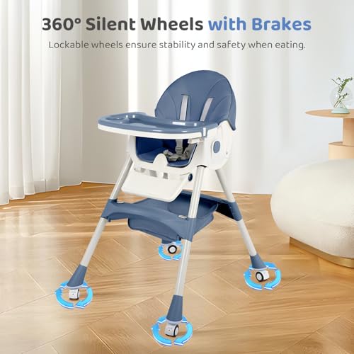 Image of 6 in 1 High Chairs for Babies and Toddlers,Portable Foldable High Chair with Wheels& Pu Cushion, Adjustable Height, Reclining Seat, 5-Point Safety Harness, Removable Tray