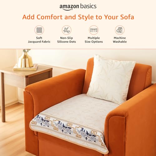 Image of Amazon Basics Jacquard Sofa Cover for Single Seater, Smooth Plain Weave, Non-Slip Sofa Pad, 70x70 cm, Soft Silicone Grip Dots, 100% Polyester, Machine Washable - Grey