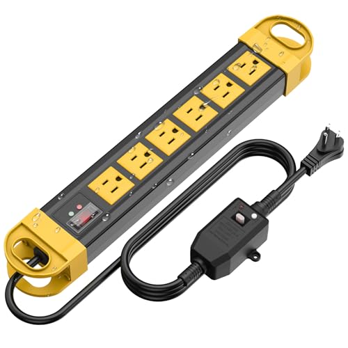 HHSOET GFCI Outdoor Power Strip Weatherproof Waterproof Surge Protector 2700J with 6 Plug Extender Port Exterior Long Extension Cord with Multiple Outlets for Garden Christmas Decor 6FT Yellow