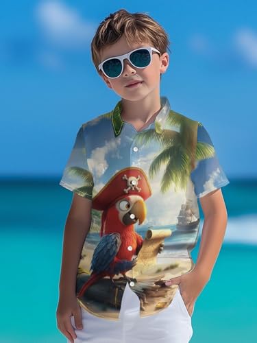 Image of THE PIRATE KING Funny Pirate Hawaiian Shirt Boys Girls Beach Tropical Casual Short Sleeve Button Down Shirt for 5-14 Years