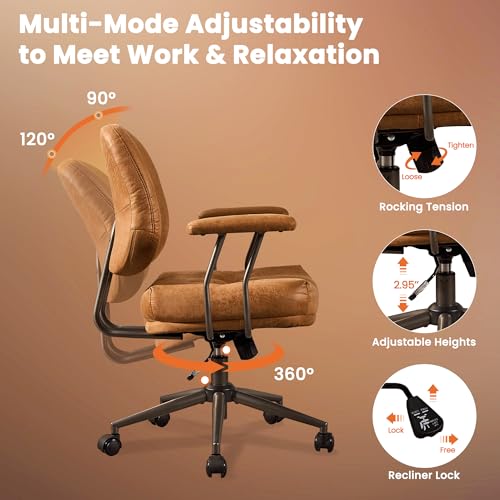 Image of Leather Home Office Chair, Mid Back Ergonomic Desk Chair with Lumbar Support, Mid Century Modern Deep Seat Swivel Rocking Computer Chair, Brown