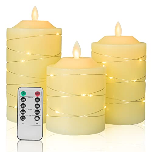 Image of Battery Operated Flameless LED Candles: with Embedded String Lights, 3 Pack Flickering Electric Candle with 10-Key Remote Control for Seasonal Festival Celebration Real Wax(Batteries not Included)