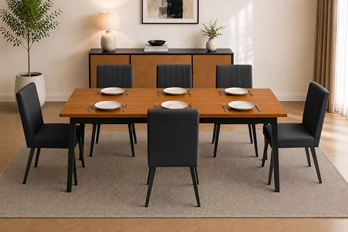 Image of Rosebell 6 Seater Dining Table Set with Cushioned Chairs | Modern Dining Table for Home, Dining Room & Kitchen | Black Metal Legs | Black