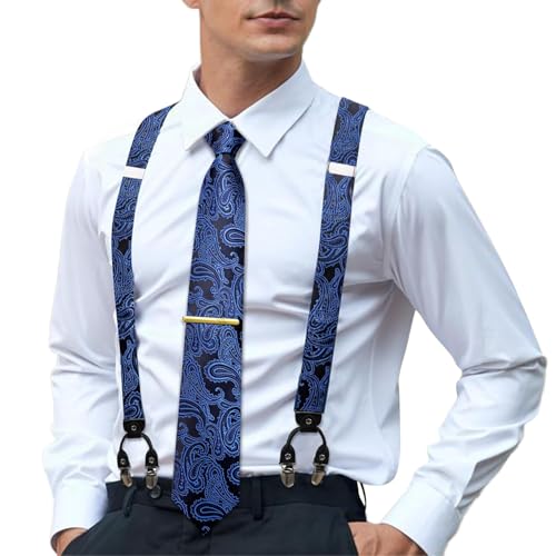 Image of Hi-Tie Men's Suspenders and Tie Set Silk Adjustable Elastic Y Braces with Strong 6 Clips Pocket Square Set