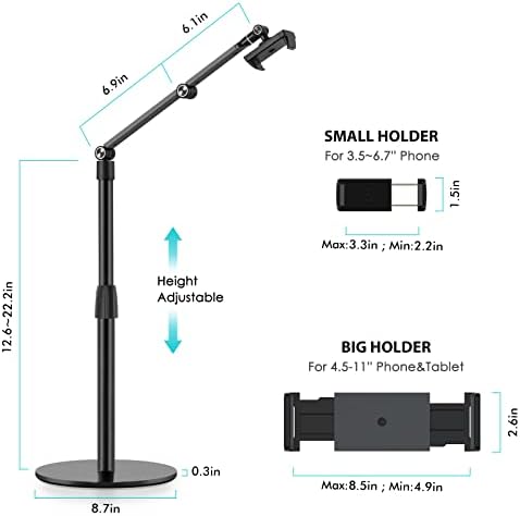 viozon Tablet Phone Overhead Stand, Height & 360 Degree Angle Adjustable, Aluminum Desktop Stand, Compatible with 3.5-11" Cellphone or Tablet Such as iPhone iPad Pro Air Mini, Samsung, Nexus
