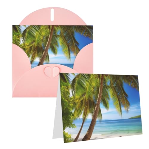 FHEDVBN グリーンヤシの木 オーシャン グリーティングカードセット ブランクカード 4x6インチ バースデーカード ウェディングカード お見舞いカード サンキューカード 封筒付きメモカード あらゆる機会に