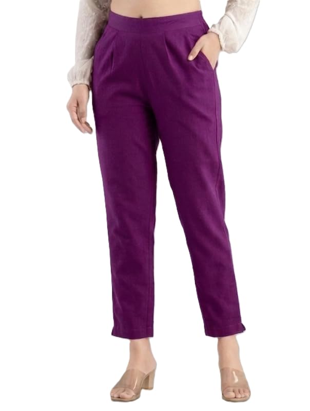 Image of Solid Cotton Woman Trousers Pants Regular Fit Kurti Pant with Drawstring Daily Office Formal Casual Use