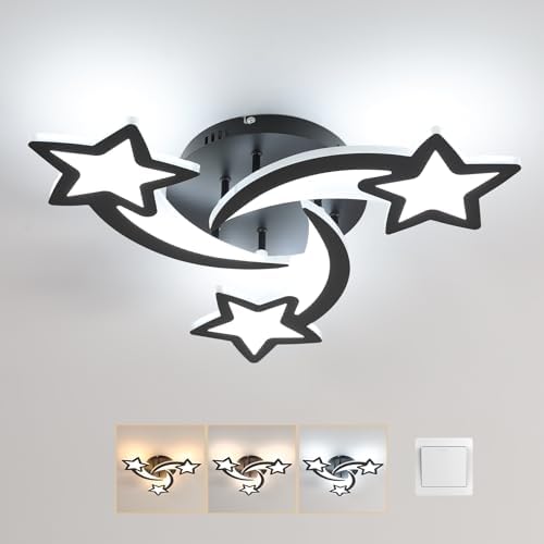 Goeco Kidsroom Ceiling Light, 3 Light Mode Black Acrylic Close to Ceiling Light Fixtures, Stars Creative Cartoon Flush Mount Ceiling Lamp Fixture for Kids Room, Bedroom, Living Room