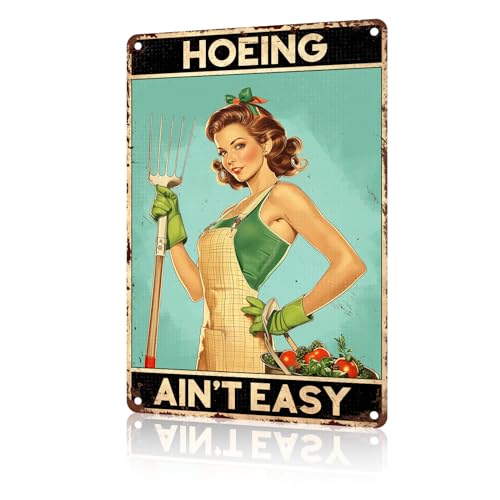 macago Funny Garden Signs for Outdoor Hoeing Ain't Easy Metal Signs Retro Tin Art for Outdoor Garden Yard Patio Decor 8x12Inch