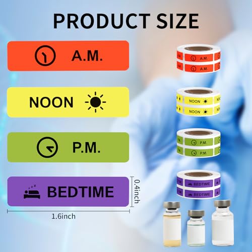 Image of Medicine Stickers Medication Instruction Label Permanent Paper Label AM NOON PM Bedtime for Pill case Planner 0.4 * 1.6inch (500 per Roll 4 Pack)