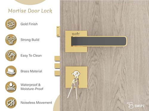 Image of GLOXY Premium Zinc Door Locks for Main Door, Mortise Door Lock Set with 3 Brass Keys, Bedroom Handle Lock for Home | Gold & Black Finish (2 Years Warranty, Pack of 1)