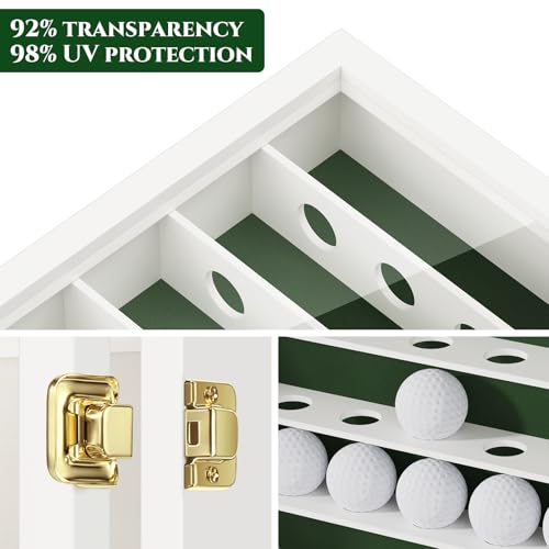 Image of TJ.MOREE Golf Ball Holder Display Case for 49 Balls, Wall Mount, White Wood | Acrylic Front, Metal Door Lock, Soft Lining, Gift for Men