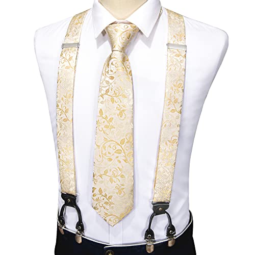 Image of Barry.Wang Men Suspender Set with Necktie Elastic Y Type Heavy Duty 6 Clips Braces Tie Handkerchief Cufflink Pin 6PCS