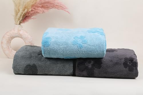Image of HANKER Ultra Luxury Large /Full Size Plush Bath Towel | Set of 3 | Black, Blue and Green Super, Very Soft On Skin, Luxurious Fabric, Pure Polyamide, 70x140cm, 500GSM