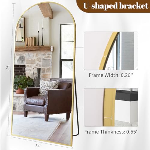 Image of Koonmi 34 inchx76 inch Arched Full Length Mirror, Gold Large Floor Mirror with Aluminum Alloy Frame, Standing, Hanging or Leaning Wall-Mounted Vanity Mirror for Living Room and Bedroom