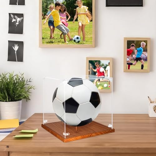 Image of Hooqict Soccer Ball Display Case Clear Acrylic 9 inch Full Size with Solid Wood Base UV Protected Soccer Ball Case Holder Display Stand Square Box for Sports Collections Autographed Ball Memorabilia Gifts