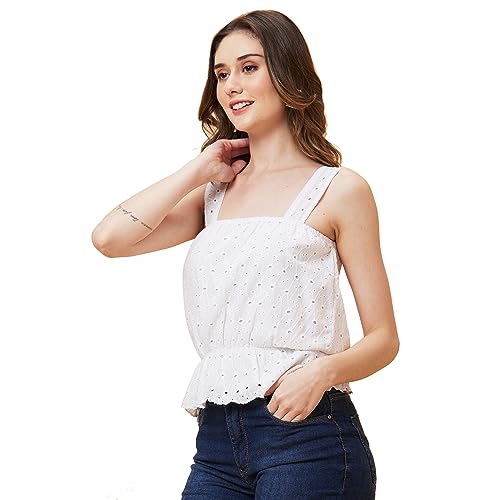 Image of Globus Women White Self Design Schfilli Top