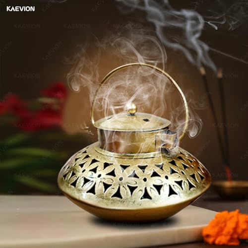 Image of Wall Hanging Metal Brass Medium 6 Inch Degchi Style Incense Burner with Hanger, Bells Decorative Item for Home | Brass Dhoop Holder Pooja Items | Dhoop Dani Stand Tea Holder - Gold