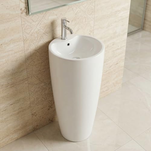Image of InArt One Piece Ceramic Pedestal Free Standing Round Wash Basin for Living Room and Bathroom (16 x 16 x 32 Inch, White)