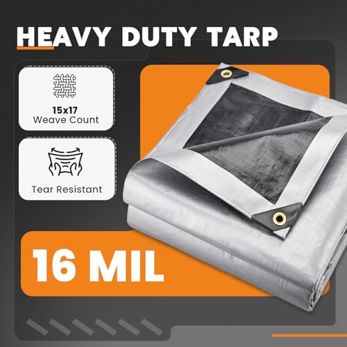 Keten Tarps Heavy Duty Waterproof 10X10 Feet, Extra Thick 16 Mil, Tear & Fade Resistant, UV Blocking, Outdoor Tarp with Reinforced Grommets for Roof, Camping, Patio, Pool, Boat(Silver/Black)