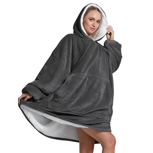 Oversized Wearable Hoodie Blanket Ultra Soft Sherpa Fleece Oodies Reversible Warm & Cozy Giant Hooded Blanket Sweatshirt Large Front Pocket - Gift One Size Fits For All (Solid Color, Dark Grey)