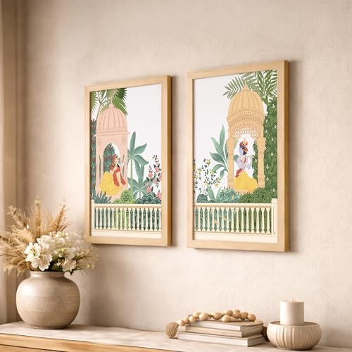 Image of NoWorries Indian Heritage Framed Wall Painting Set of 2, Pastel Green Yellow Peach & Natural Wood, Royal Couple Pavilion and Botanical Palace Art Print for Bedroom, Office Decor (Art-6,25x37inch)