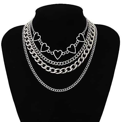 6-9 PCS Chain Necklace Egirl Men Male Emo Goth Chains Statement Lock Key 1-4 Layered Pendants Necklace for Women Teen Girls Boys Eboy Long Multilayer Chains Punk Choker Silver and Gold Set