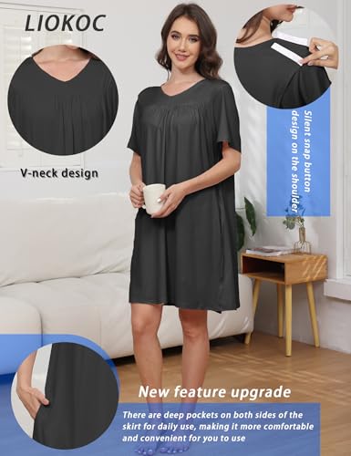 Image of Hospital Gowns for Women Open Back Tear Away Snap Post shoulder Dress Short Sleeve Soft Adaptive Clothing with Pockets