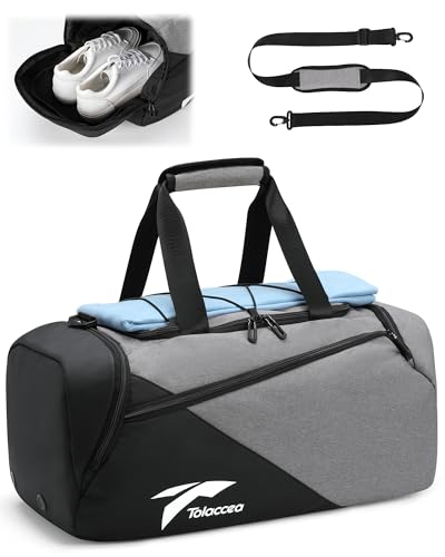 Tolaccea Gym Bag for Men Women, Small Sport Duffel Bag with Shoe Compartment Wet Compartment, Travel Duffel Bag, Weekend Bag Carry On Backpack for Gym, Travel, Fitness, Workout (Grey, 35L)