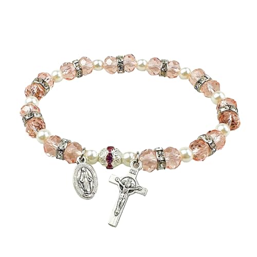 Women' Crystal Beads Rosary Bracelet Catholic Jewelry with Mini Cross Pendant and Virgin Mary Medal