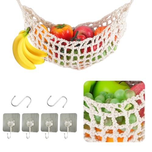 SHAIDOJIO Makramee Frucht Gemüse Hängematte, Obst Hängematte, Handgewebt Obst Hängekorb, Boho Obstkorb Hängend Küche Obsts Hammock mit 4-Haken-2 Bananen-Aufbewahrungshaken für Wohn Wohnmobil Zuhause
